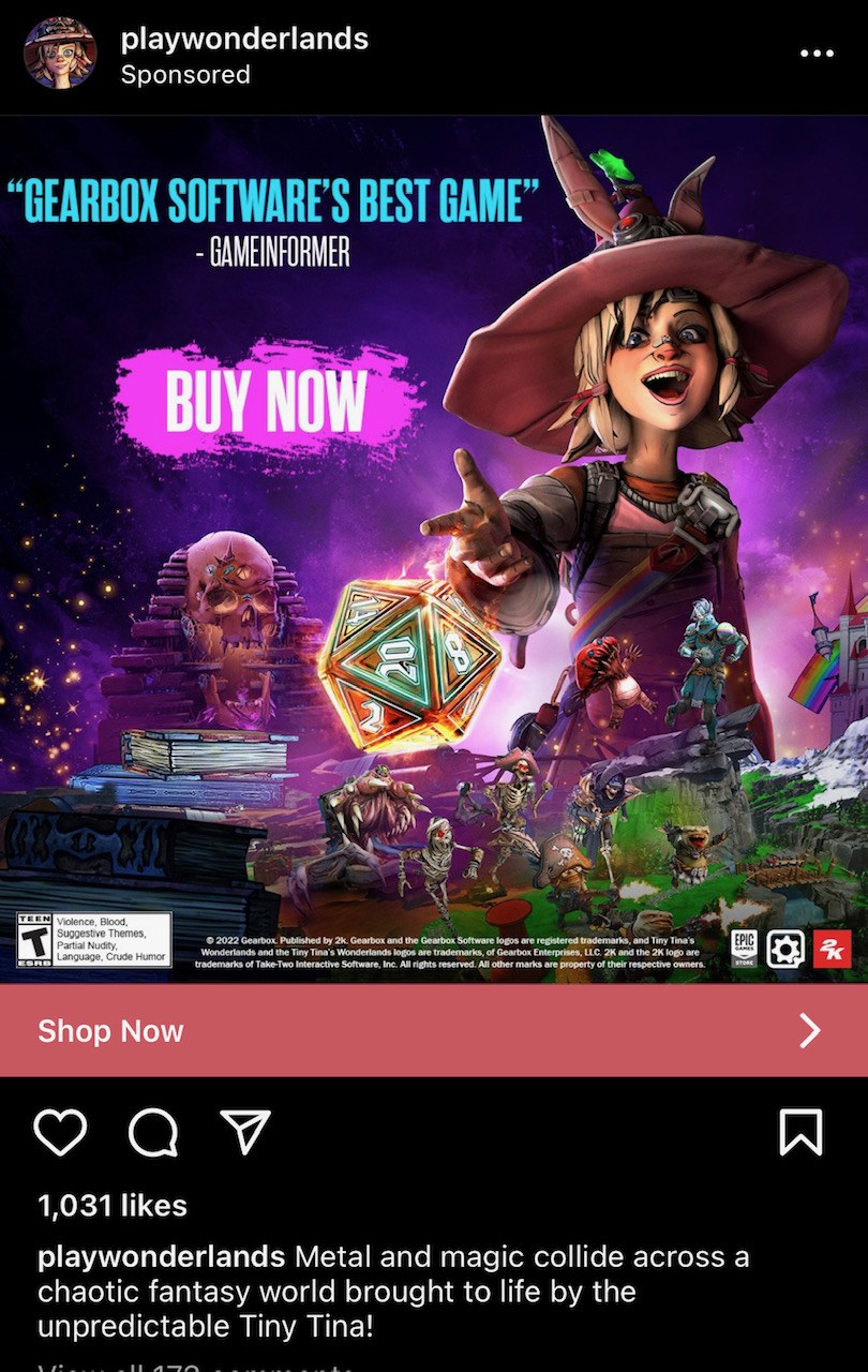 Ad for Tiny Tina's Wonderlands game