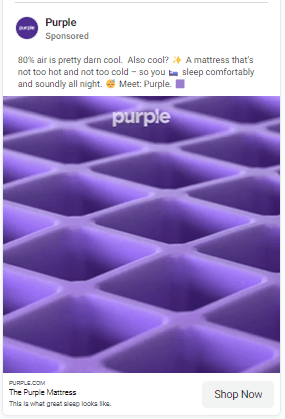 Purple mattress ad featuring the design of their product