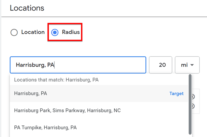 Options for setting up targeting by radius on Google Ads