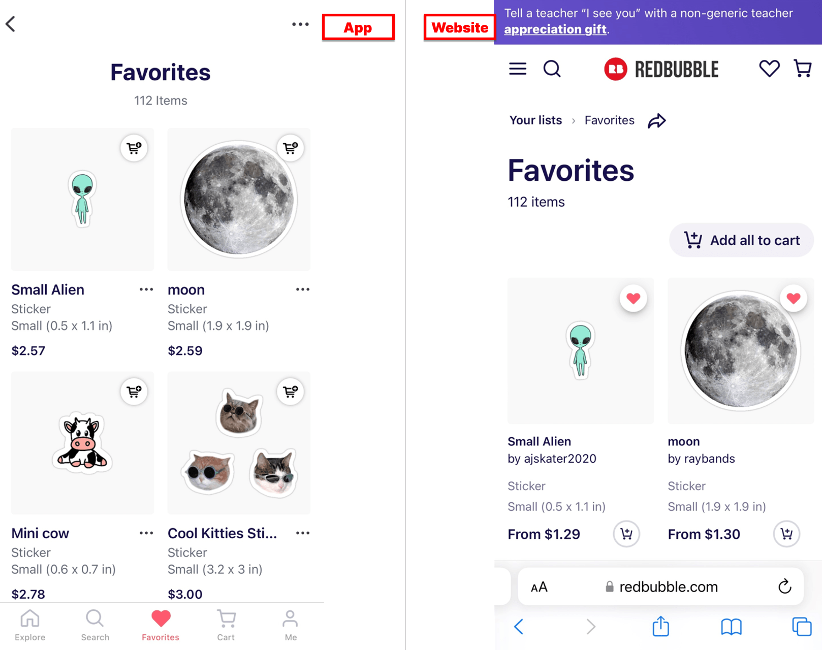 Redbubble website and app with a favorite items page