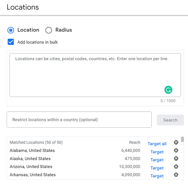 Box and drop down menu to select locations you want to target