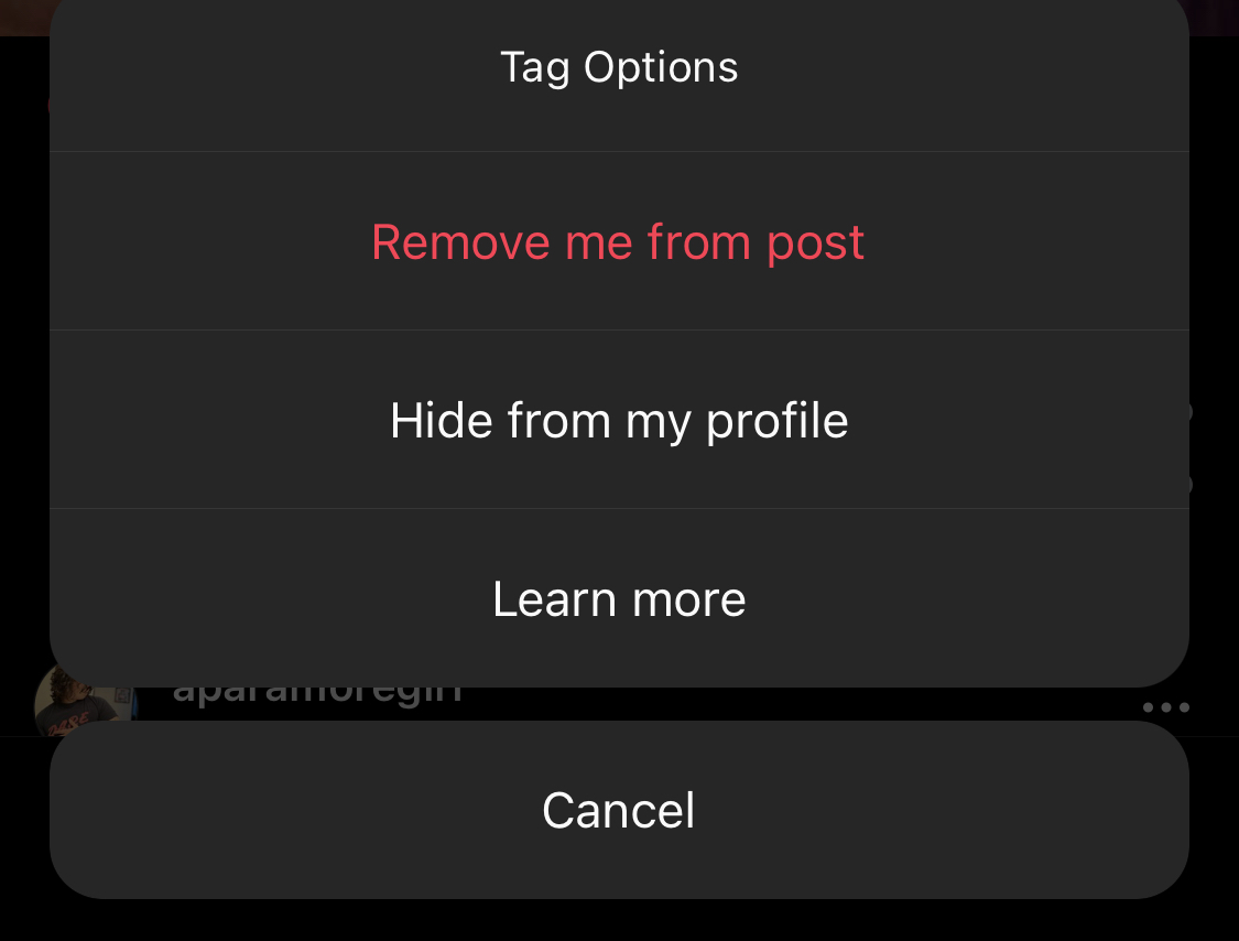 Menu to remove a tag on Instagram