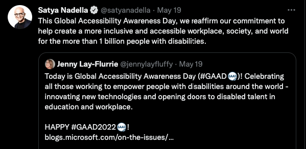 Satya Nadella tweet on accessibility