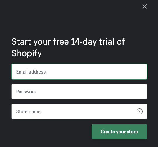 Shopify free trial sign-up pop-up