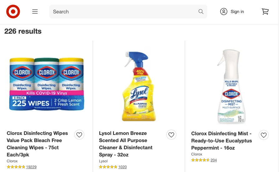 Product listings for Lysol and Clorox on Target's website