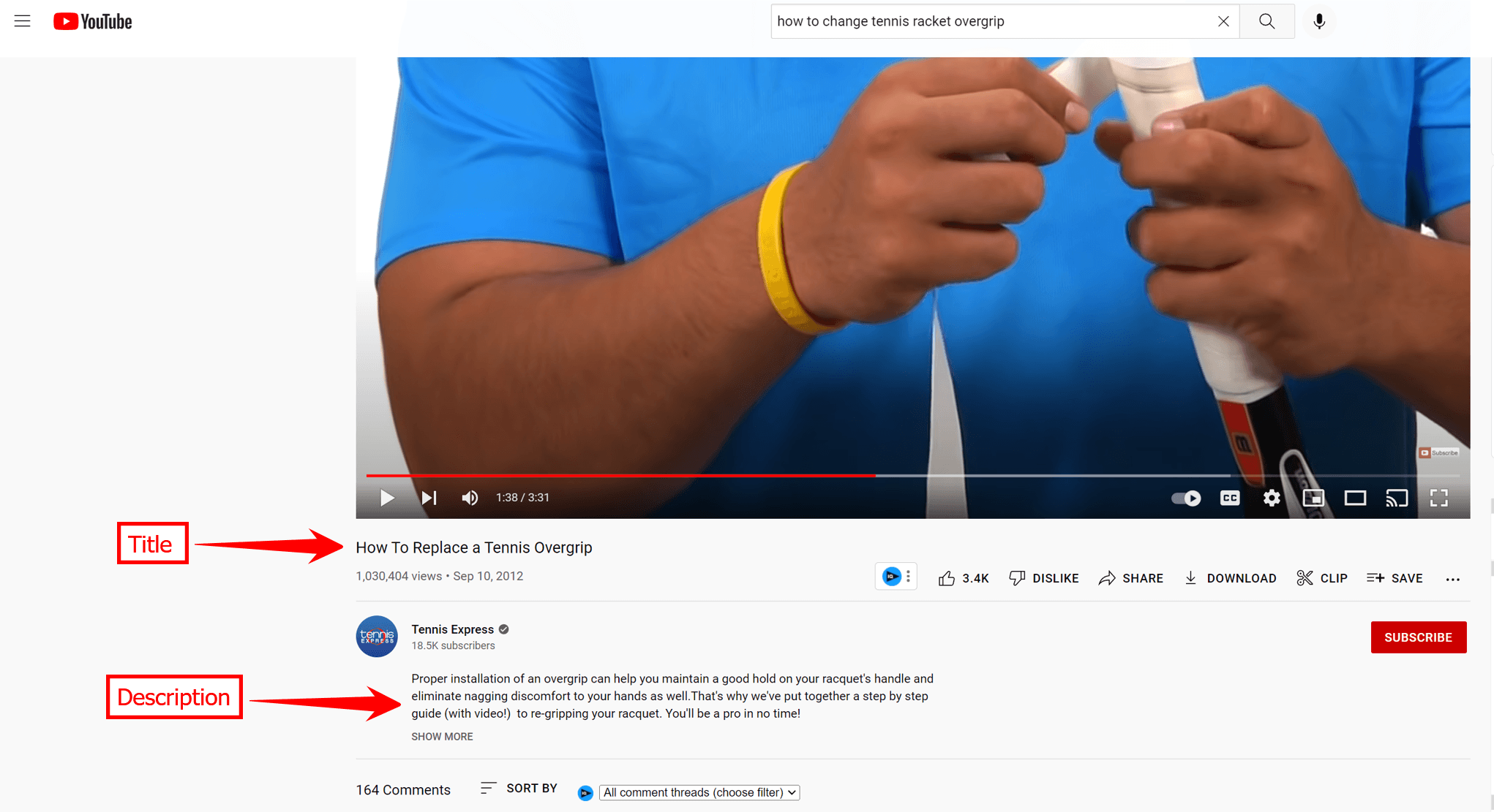 The title and description on a YouTube video about putting overgrip on a tennis racket