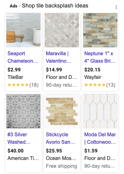 Visual shopping ads for tile backsplash ideas