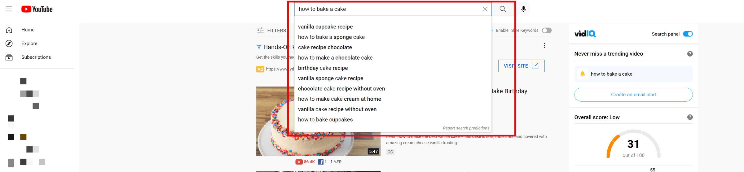 YouTube search predictions feature