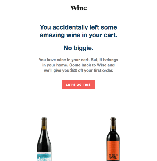 Abandoned cart email from a wine company