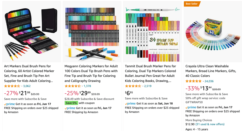 Amazon product listings for markers