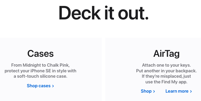 Links to Apple cases and AirTags on phone product page