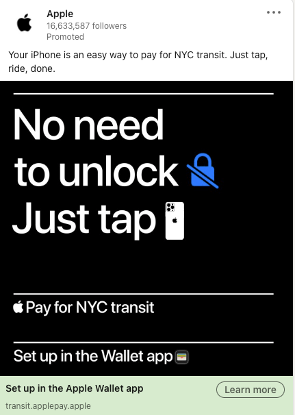 Apple's LinkedIn ad for their NYC transit payments