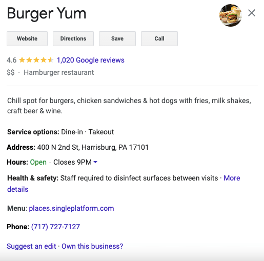 Burger Yum Google Business Profile