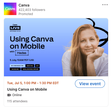 Canva's ad for their webinar event