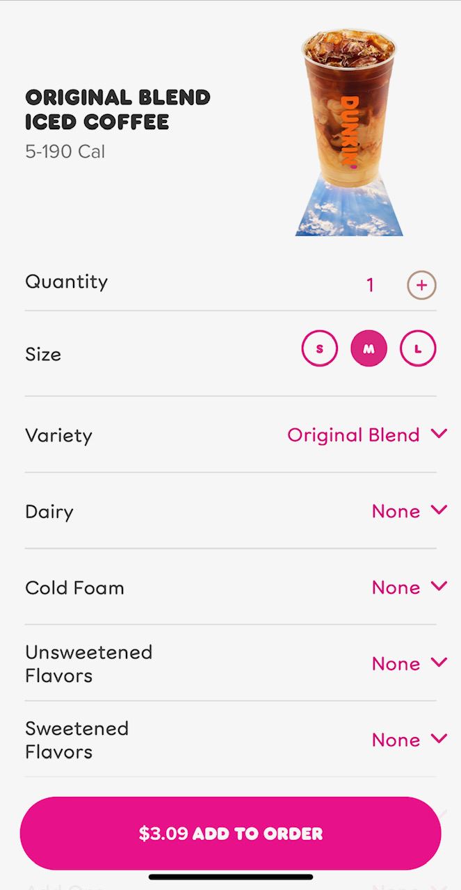 Dunkin' App showing the different sizes