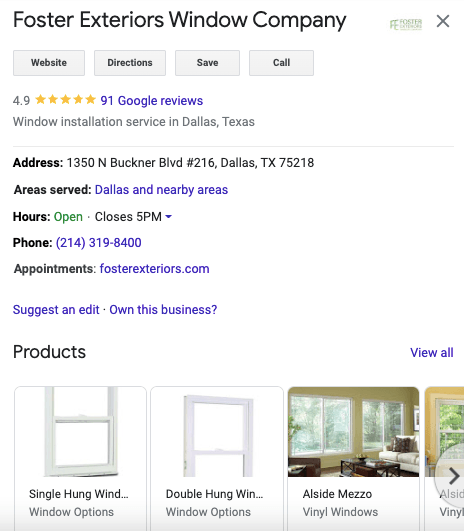 Foster Exteriors Window Company's Google Business Profile