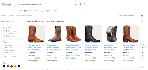 google shopping tab example for cowboy boots