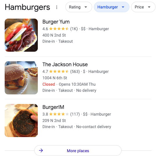 Harrisburg local pack for hamburger restaurants