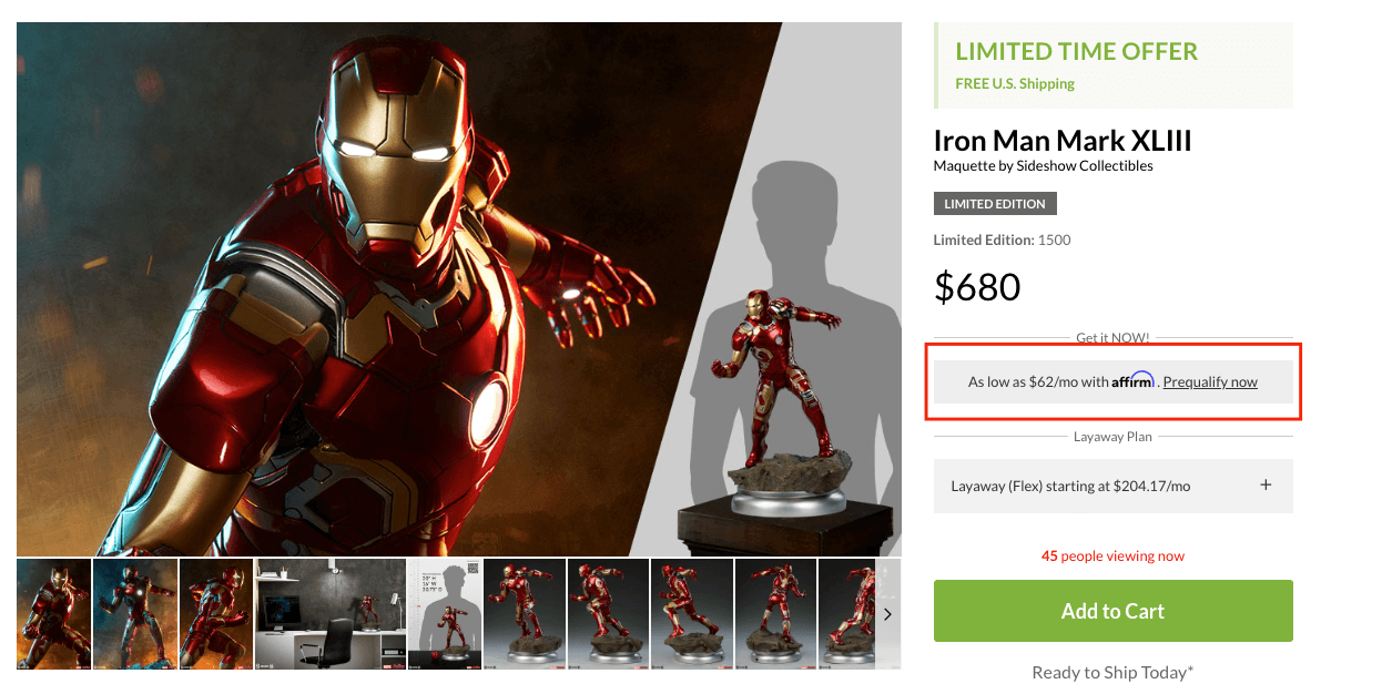 Sideshow website showing their Iron Man hot toys and the payment options