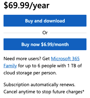 Microsoft 365 reminder about the family plan