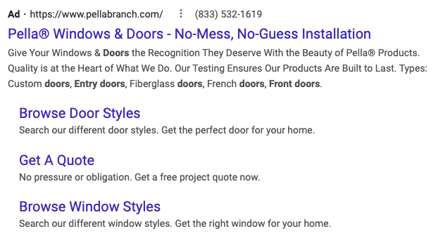 Pella Windows and Doors paid search ad