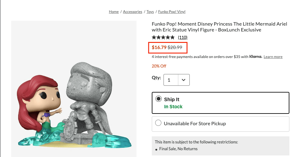 Funko pop product listing showing a price drop for an item