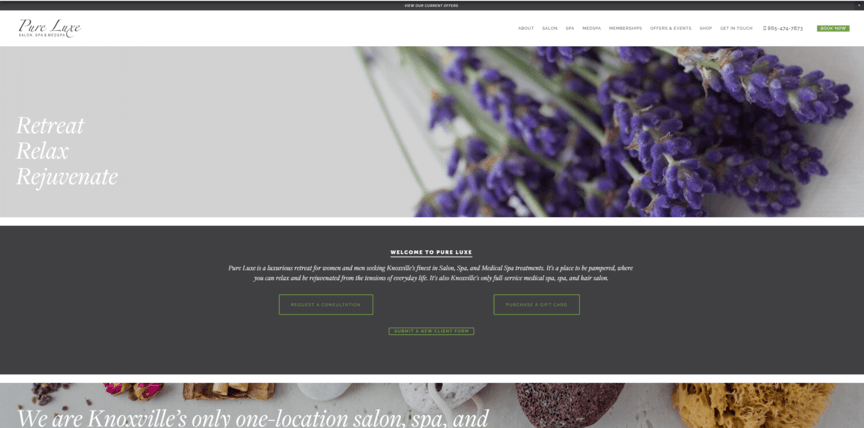 Spa web design: Pure Lux