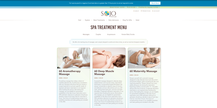 Spa web design: SOJO Spa 