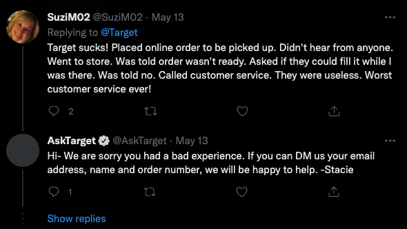 Negative feedback on Target's post on Twitter
