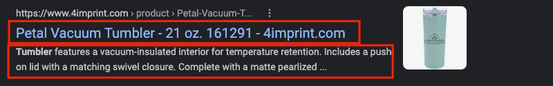 Title tag and meta description for a tumbler cup listing in Google search results