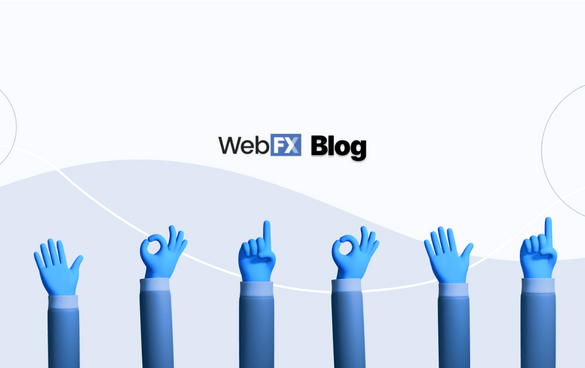 Stylized blue arms with different gestures below the 'WebFX Blog' text on a light background.