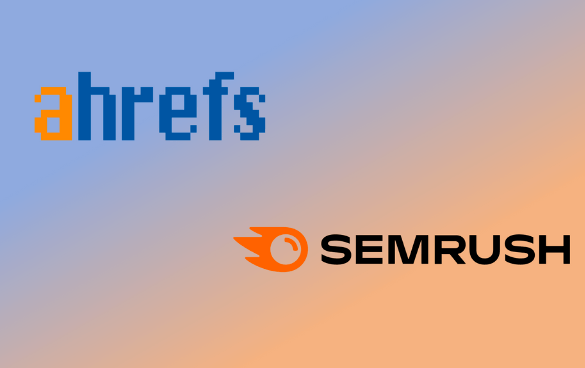 Logos of Ahrefs and SEMrush on a gradient background.