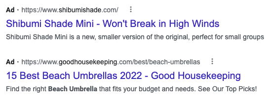 Paid search ad for for beach umbrellas