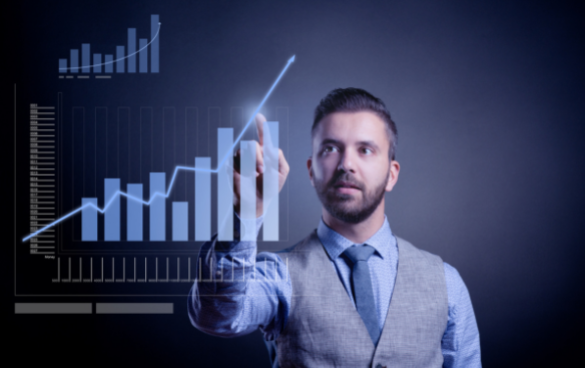 A businessman in a vest and tie interacting with a virtual upward-trending graph.