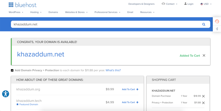 bluehost tld domain search