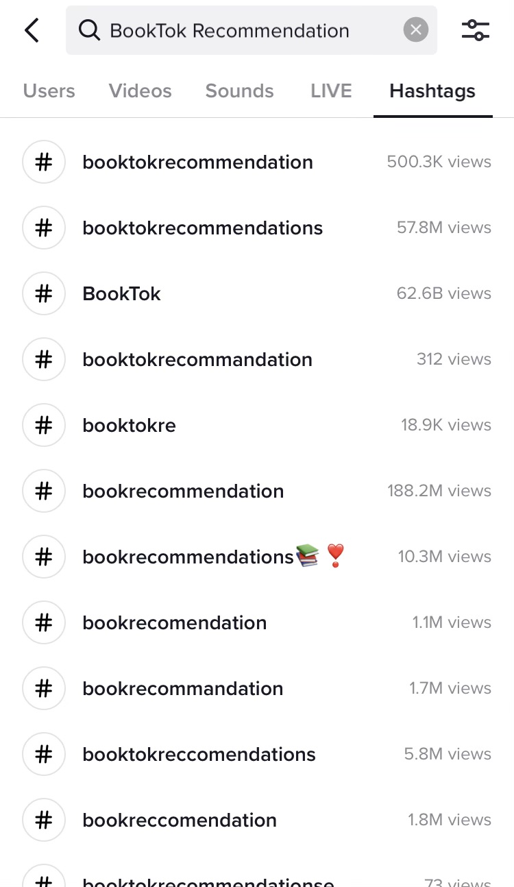 list of hashtags related to BookTok Recommendations