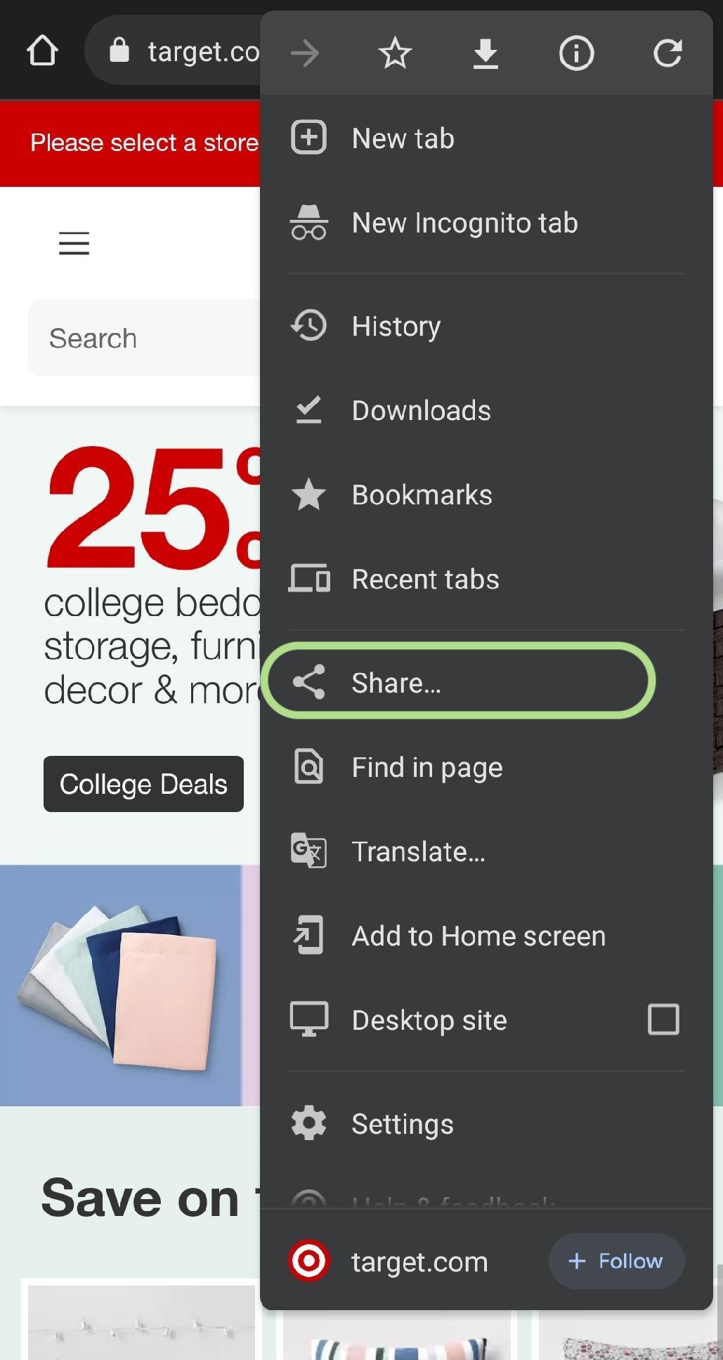 Share option in Chrome on Android