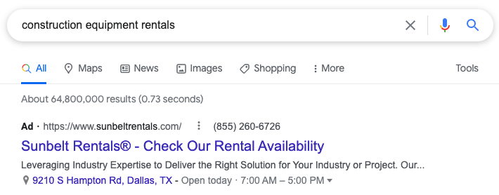 Search results for construction equipment rentals