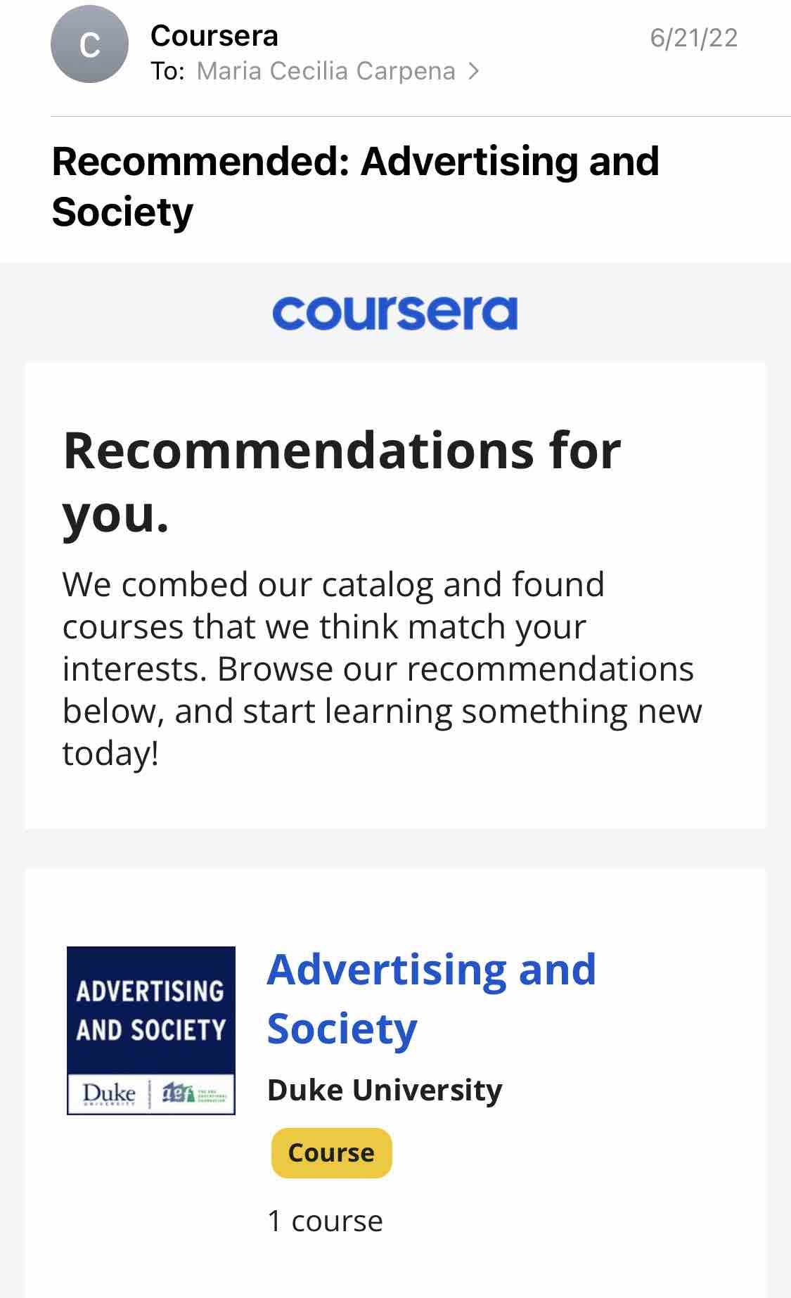 Coursera email marketing example