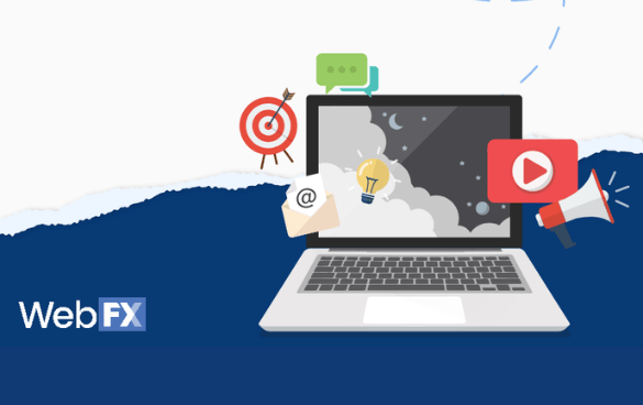 Illustration of an open laptop with digital marketing icons such as a target, chat bubble, envelope, light bulb, YouTube play button, and a megaphone, with the text 'WebFX' at the bottom left.