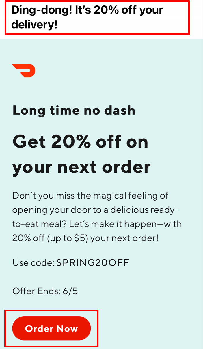 An email from DoorDash with a 20% off coupon