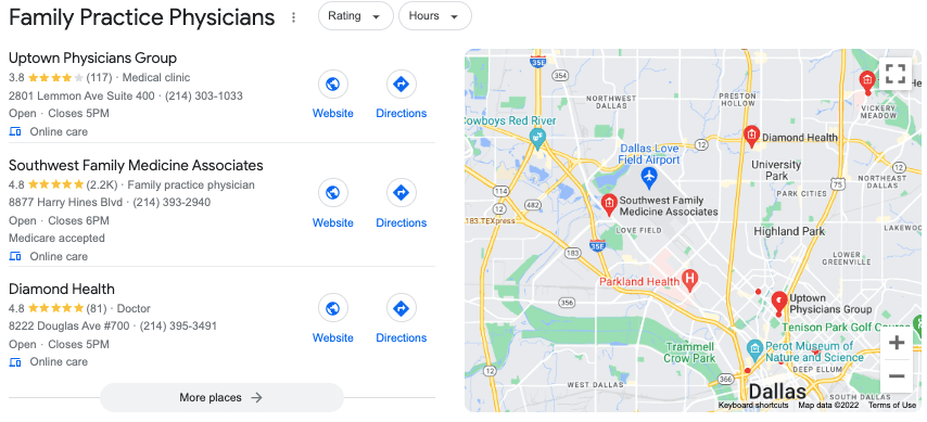 Google local pack for family practice physicians