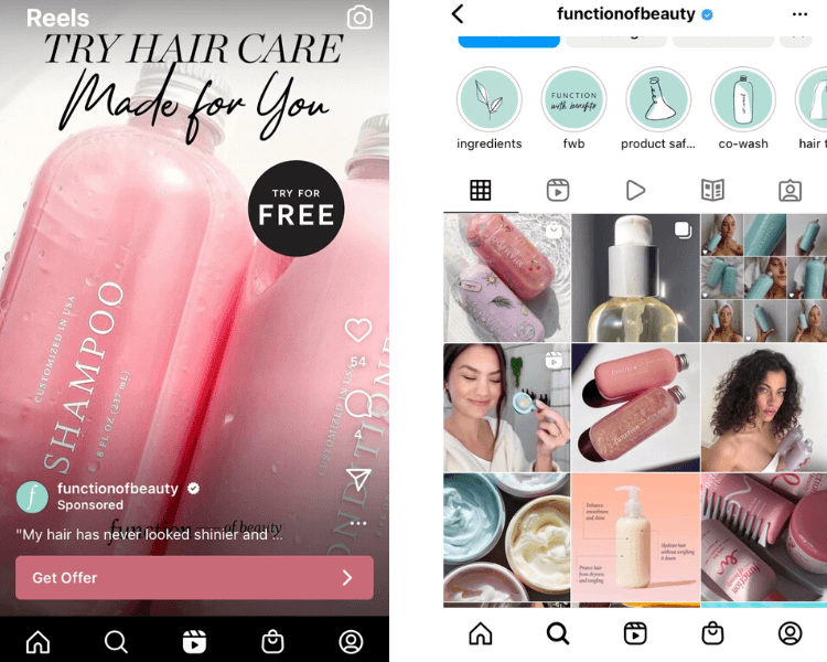 Function of Beauty Instagram ad and profile