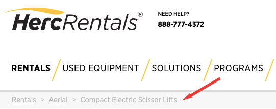 Breadcrumb navigation on HercRentals website