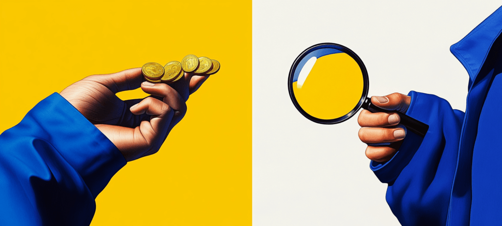two hands holding coins & a magnifying glass