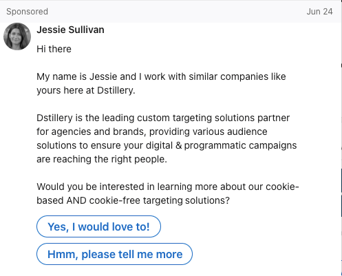LinkedIn messaging ad in an inbox