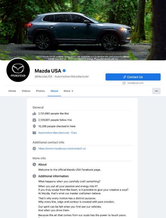 social media branding example: mazda usa's facebook page