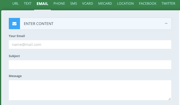 info fields for an email QR code