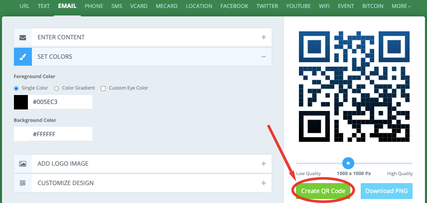 Create QR code button in QRCode Monkey