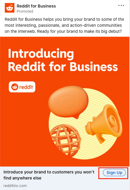 Call to action featured on a Reddit for Business ad